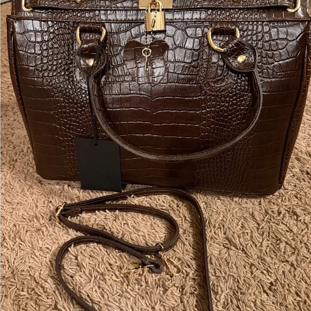 Massimo Castelli Brown Croc-Embossed Large Leather Bag